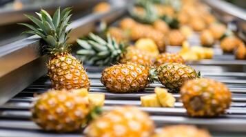 Pineapples Moving on a Conveyor Belt in a Food Processing Facility photo