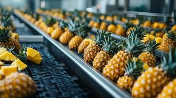 Pineapples Moving on a Conveyor Belt in a Food Processing Facility. photo