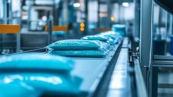 Blue Plastic Pellets Moving on a Conveyor Belt in a Factory Setting photo