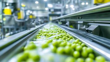 Green Peas Moving on a Conveyor Belt in a Food Processing Factory photo