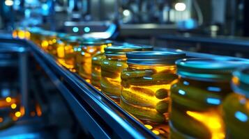 Jars of Pickled Cucumbers Moving on a Conveyor Belt in a Factory Setting photo