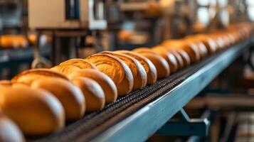 Freshly Baked Bread Moving on Conveyor Belt in Bakery photo