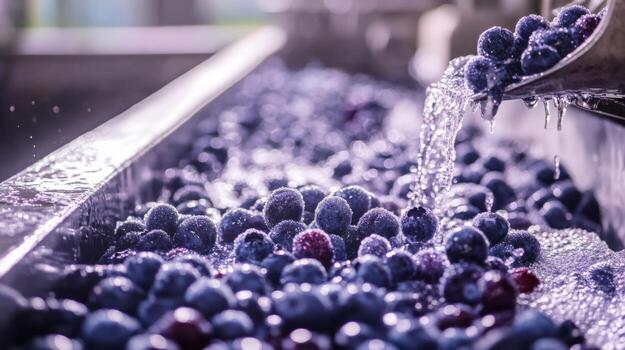 Blueberries Being Washed and Sorted in a Food Processing Plant photo