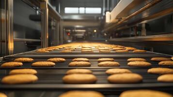 Close-up of Cookies Moving on a Conveyor Belt in a Factory photo