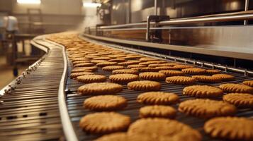 Close-up of Cookies Moving on a Conveyor Belt in a Food Factory photo