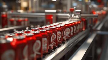 Red Aluminum Cans Moving on a Conveyor Belt in a Factory photo
