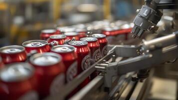 Aluminum Cans Moving on Conveyor Belt in Factory Setting photo