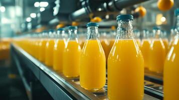 Conveyor Belt of Glass Bottles Filled with Orange Juice photo