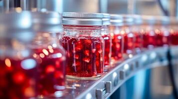 Jars of Red Fruit Preserve on a Conveyor Belt photo