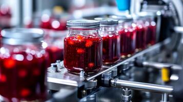Jars of Red Berry Jam on a Conveyor Belt in a Factory photo