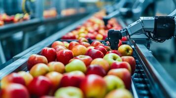 Robotic Arm Sorting Apples on a Conveyor Belt in a Modern Food Processing Factory photo