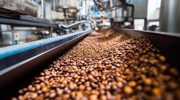 Coffee Beans Moving Along a Conveyor Belt in a Factory photo