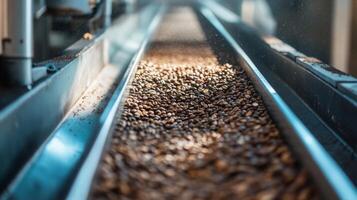 Coffee Beans Flowing on a Conveyor Belt in a Factory photo