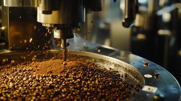 Coffee Beans Falling into a Metal Tray During Roasting Process photo