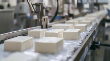 White Blocks Moving on a Conveyor Belt in a Factory photo