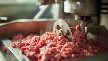Close-up of a meat grinder processing raw ground meat photo