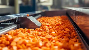 Close-up of Chopped Carrots Moving Along a Conveyor Belt in a Food Processing Factory photo