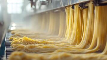 Freshly Made Spaghetti Noodles Draped Over a Conveyor Belt photo
