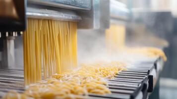 Freshly Made Pasta Noodles Falling Onto a Conveyor Belt photo