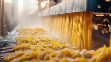 Freshly Made Pasta Noodles Exiting a Factory Production Line photo