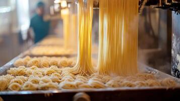 Freshly Made Noodles Falling Into a Tray During Production photo