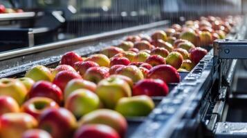 Red and Green Apples Moving on a Conveyor Belt with Water Spray photo