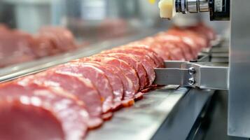 Close-up of Sliced Meat on a Conveyor Belt in a Food Processing Facility photo