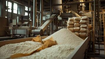 White Powder in a Factory Setting with Bags of Powder in the Background photo