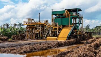 Sugarcane Processing Plant with Conveyor Belt and Waste photo