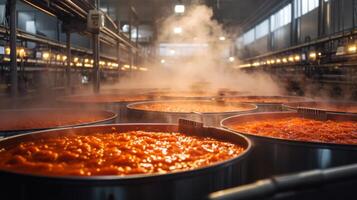 Rows of Large Pots Filled with Steaming Red Sauce in an Industrial Kitchen photo