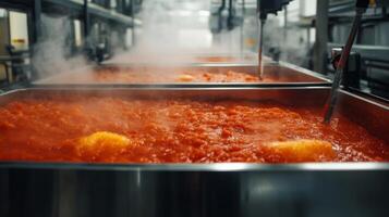 Close-up of Red Sauce Simmering in Industrial-Sized Pots photo