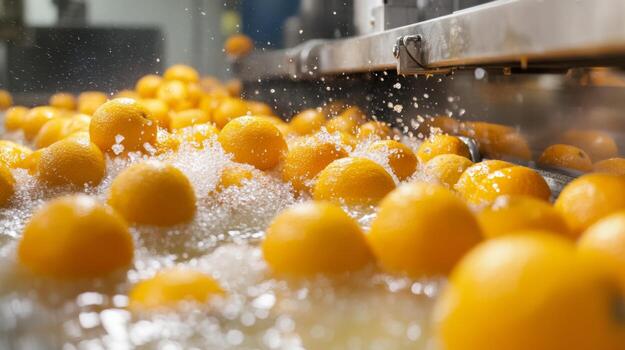 Oranges Being Washed in a Food Processing Plant photo
