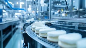 Close-up of White Round Treats on a Conveyor Belt in a Food Factory photo