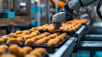 Robotic Arm Placing Fried Food on Conveyor Belt in Factory photo