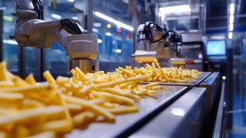 Robotic Arm Placing French Fries on a Conveyor Belt in a Food Processing Facility photo