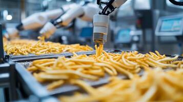 Robotic Arm Placing French Fries on a Conveyor Belt in a Factory Setting photo
