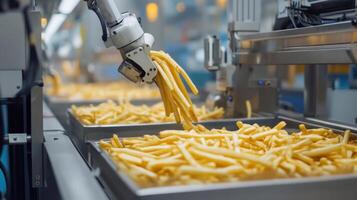 Robotic Arm Dispensing French Fries in a Factory Setting photo