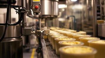 Industrial Food Production Line with Containers of Creamy Product photo