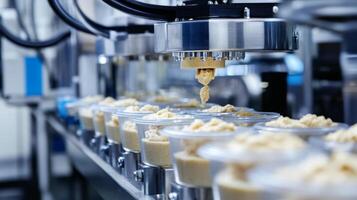 Automated Food Packaging Machine Filling Containers with Creamy Product photo