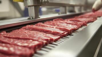Raw Meat Strips on a Conveyor Belt in a Food Processing Facility photo