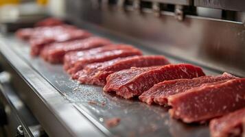 Raw Beef Steaks on a Conveyor Belt in a Meat Processing Facility photo