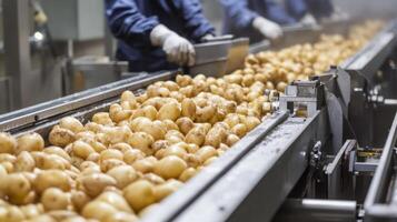 Potatoes Moving Along a Conveyor Belt in a Food Processing Factory photo