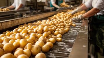 Potatoes Moving Along a Conveyor Belt in a Food Processing Facility photo