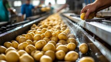 Potatoes Being Washed on a Conveyor Belt in a Food Processing Facility photo