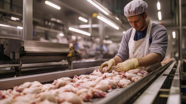 Worker in a Poultry Processing Plant Handling Chicken Parts on a Conveyor Belt photo