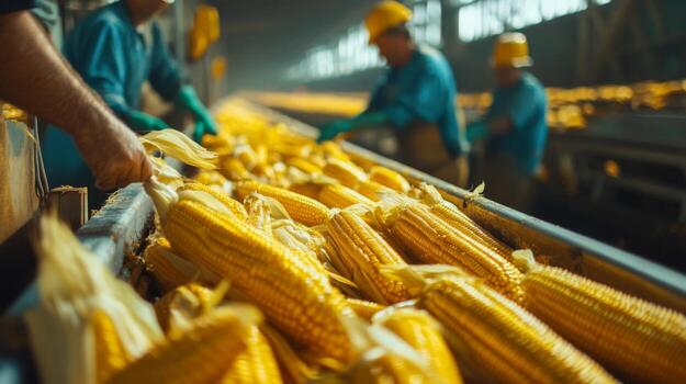 Corn Cob Conveyor Belt in Industrial Factory Setting photo
