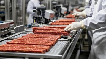 Close-up of Raw Meat on a Conveyor Belt in a Food Processing Plant photo