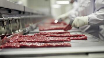 Raw Meat Strips on a Conveyor Belt in a Food Processing Plant photo
