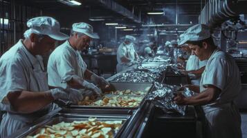 Workers in a factory packing potato chips into bags photo