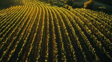 Aerial View of Lush Grape Vines in a Vineyard at Sunset photo